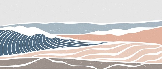 minimalist modern line art print. Abstract ocean wave and mountain contemporary aesthetic backgrounds landscapes. with sea, skyline, wave. vector illustrations