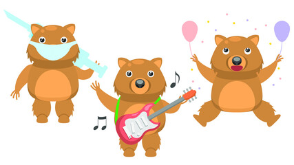 Set Abstract Collection Flat Cartoon 
Different Animal Wombats Celebrating Birthday, Plays The Electric Guitar, Masked Doctor With Syringe Vector Design Style Elements Fauna Wildlife