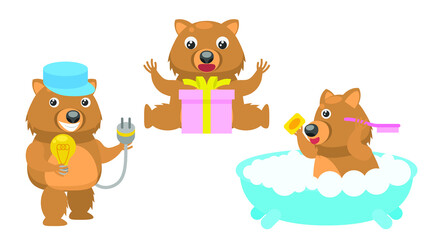 Set Abstract Collection Flat Cartoon 
Different Animal Wombats Surprised By The Gift, Taking A Bath, Electrician Holding A Light Bulb Vector Design Style Elements Fauna Wildlife