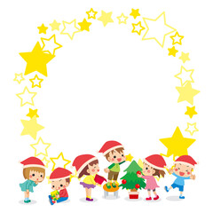 クリスマスパーティーの準備をしている可愛い小さな子供たちと星柄のフレームのイラスト　コピースペース