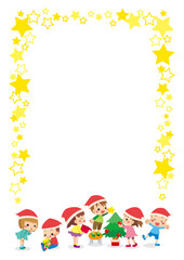 Obraz na płótnie Canvas クリスマスパーティーの準備をしている可愛い小さな子供たちと星柄のフレームのイラスト　コピースペース