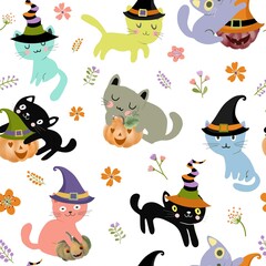 Cute kitty cat family on halloween background seamless pattern