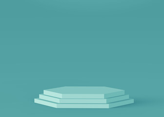 3d blue green hexagon podium minimal studio background. Abstract 3d geometric shape object illustration render. Display for technology medical and science product.