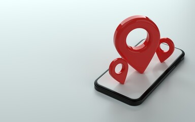 Map marker or pin point on top of phone 3d illustration