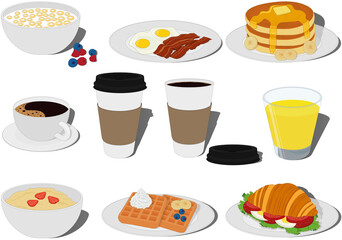 Breakfast food and drink types collection vector illustration