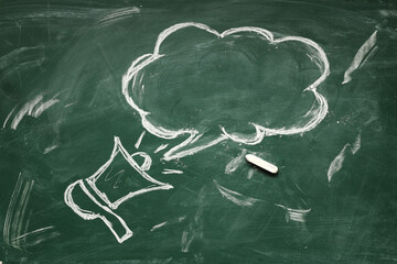 green chalk board. with place for text. on the blackboard drawing of a horn and a frame. Conceptual...