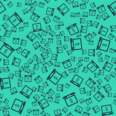 Black Laptop with dollar icon isolated seamless pattern on green background. Sending money around the world, money transfer, online banking, financial transaction. Vector