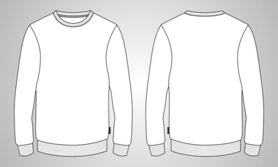 Slim fit Round neck Long sleeve Sweatshirt technical fashion Flats Sketches drawing vector template For men's. Apparel dress design mock up CAD illustration. Sweater fashion design isolated on white.