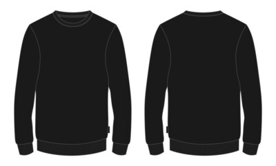 Slim fit Round neck Long sleeve Sweatshirt technical fashion Flats Sketches drawing vector template For men's. Apparel design black mock up CAD illustration. Sweater fashion design isolated on white.