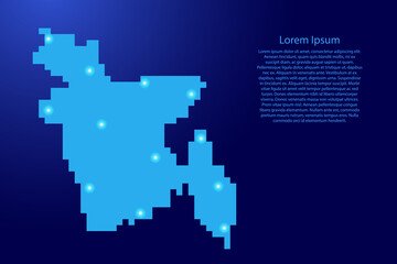 Bangladesh map silhouette from blue square pixels and glowing stars. Vector illustration.