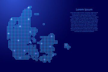 Denmark map silhouette from blue mosaic structure squares and glowing stars. Vector illustration.