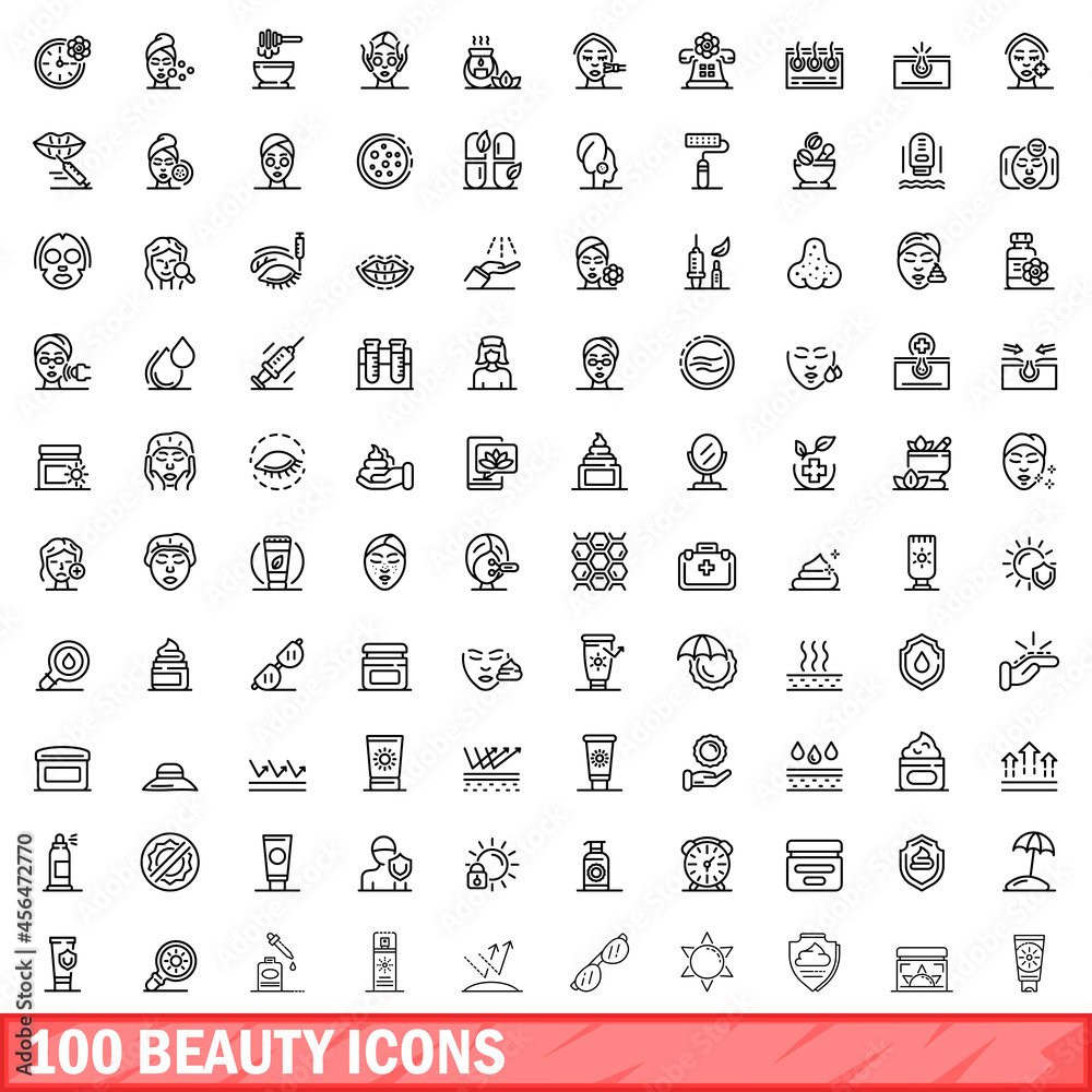 Wall mural 100 beauty icons set. outline illustration of 100 beauty icons vector set isolated on white backgrou