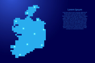 Ireland map silhouette from blue square pixels and glowing stars. Vector illustration.