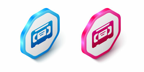Isometric VHS video cassette tape icon isolated on white background. Hexagon button. Vector