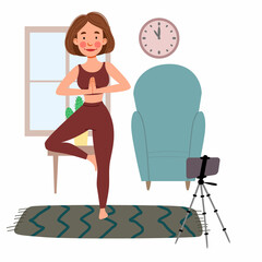 The girl takes online classes on the phone, does yoga. The concept of Stay at home. Live broadcast, online education. A female cartoon character practicing hatha yoga. A woman does sports indoors.