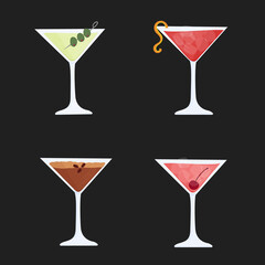 Hand drawn vector illustration of glasses with Dirty Martini, Cosmopolitan, Manhattan cocktails. Isolated on white background.