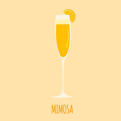 Hand drawn vector illustration of flute glasse with Mimosa cocktail with champagne and orange juice. Isolated on white background.