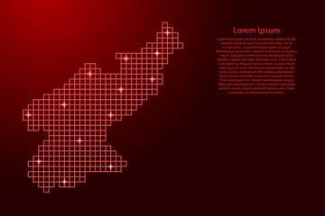 North Korea map silhouette from red mosaic structure squares and glowing stars. Vector illustration.