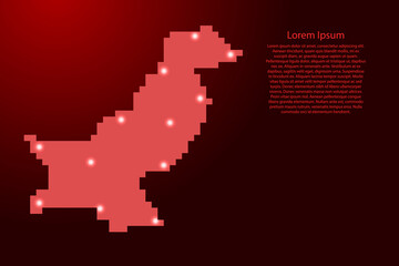 Pakistan map silhouette from red square pixels and glowing stars. Vector illustration.