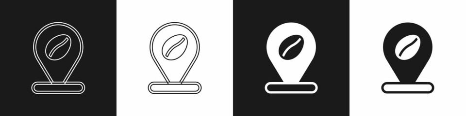 Set Location with coffee bean icon isolated on black and white background. Vector