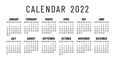 Calendar 2022 year. English vector calender template. Week starts on Sunday
