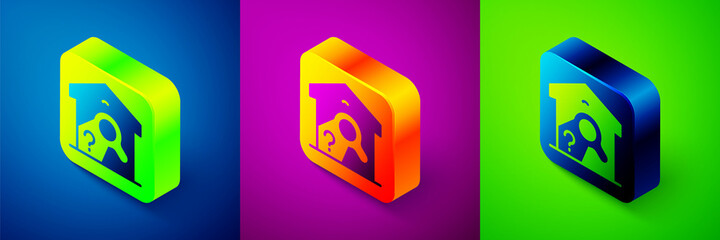 Isometric Warehouse check icon isolated on blue, purple and green background. Square button. Vector