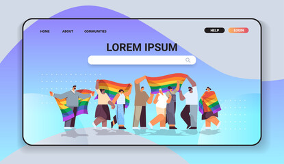 mix race people group holding lgbt rainbow flag gay lesbian love parade pride festival transgender love concept