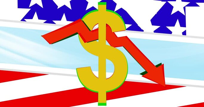Endless backdrop on the fall of the dollar.Background with a sign of the USA currency and a graph with an arrow pointing down.Business background about the weakening of the national currency.