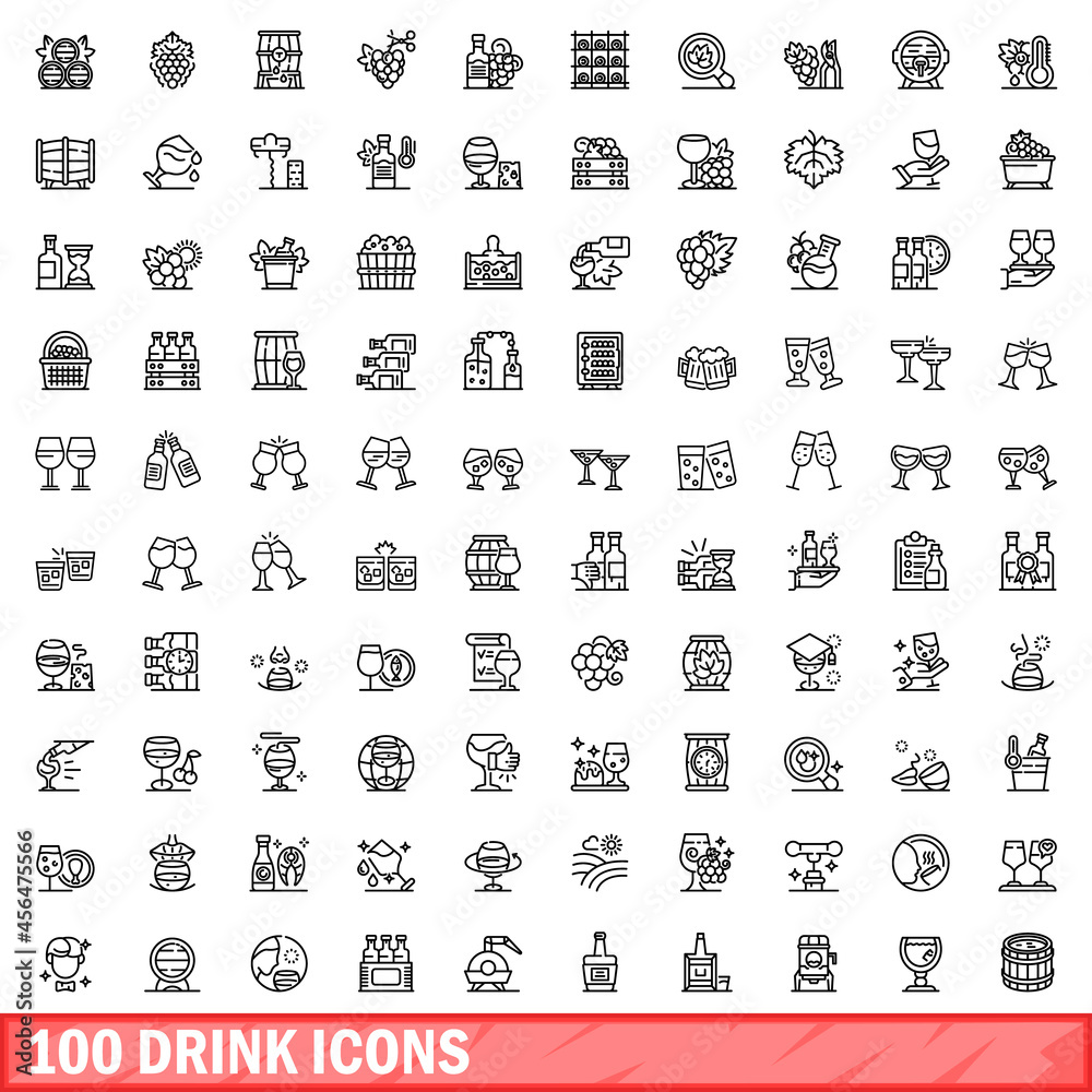 Wall mural 100 drink icons set. Outline illustration of 100 drink icons vector set isolated on white background - Wall murals