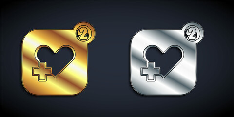 Gold and silver Smartphone with heart rate monitor function icon isolated on black background. Long shadow style. Vector