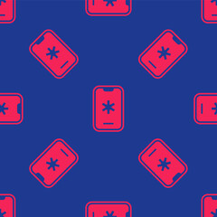 Red Telephone with emergency call 911 icon isolated seamless pattern on blue background. Police, ambulance, fire department, call, phone. Vector