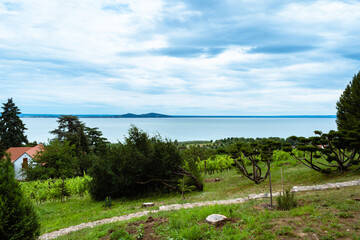 BADACSONYTOMAJ, HUNGARY - JULY 3, 2020: Scenic view of lake Balaton, Hungary