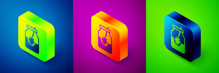 Isometric Jar of honey and honey dipper stick icon isolated on blue, purple and green background. Food bank. Sweet natural food symbol. Honey ladle. Square button. Vector