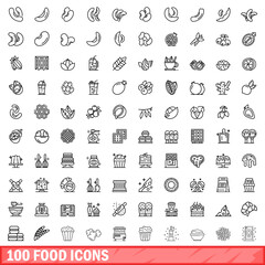 100 food icons set. Outline illustration of 100 food icons vector set isolated on white background