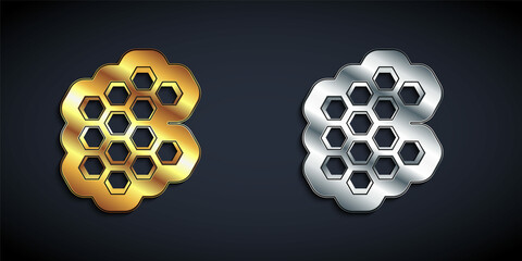 Gold and silver Honeycomb icon isolated on black background. Honey cells symbol. Sweet natural food. Long shadow style. Vector