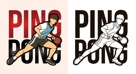 Ping Pong or Table Tennis Text with Sport Player Graphic Vector - obrazy, fototapety, plakaty