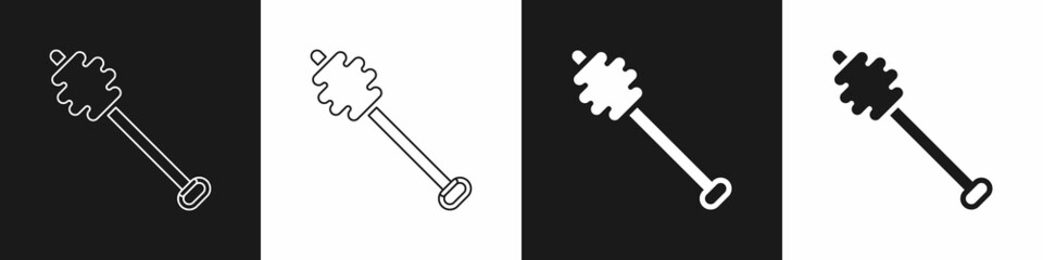 Set Honey dipper stick icon isolated on black and white background. Honey ladle. Vector