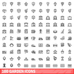 100 garden icons set. Outline illustration of 100 garden icons vector set isolated on white background - obrazy, fototapety, plakaty
