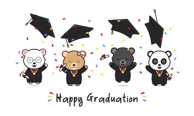 Happy graduation card with cute bear graduating doodle cartoon icon illustration