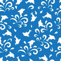 Behang Oceaandieren Blauwe oceaan en springende dolfijnen Vector grafisch naadloos patroon