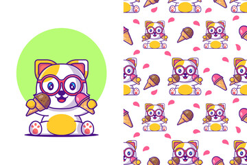 Seamless pattern cute cartoon cat with ice cream