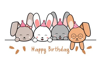 Happy birthday greeting card with cute rabbits doodle cartoon illustration