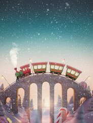 Cute funny fairy Santa's Christmas train goes by a brige in north pole at sunset.