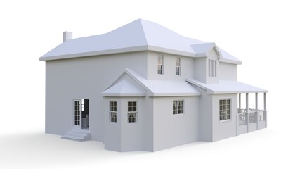 Modern beautiful house. A classic American cottage for a large family. 3D illustration