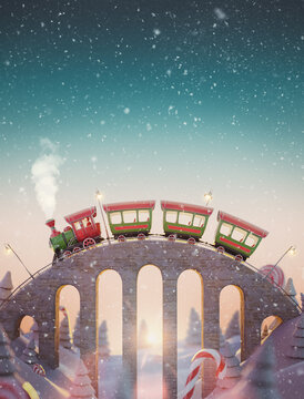 Cute funny fairy Santa's Christmas train goes by a brige in north pole at sunset.