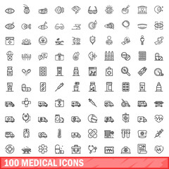 100 medical icons set. Outline illustration of 100 medical icons vector set isolated on white background
