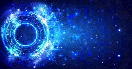 Obraz premium Futuristic Sci-Fi glowing HUD circle element. Abstract hi-tech background. Hologram polygon particle of head-up display interface. Virtual reality technology of high computer engineer