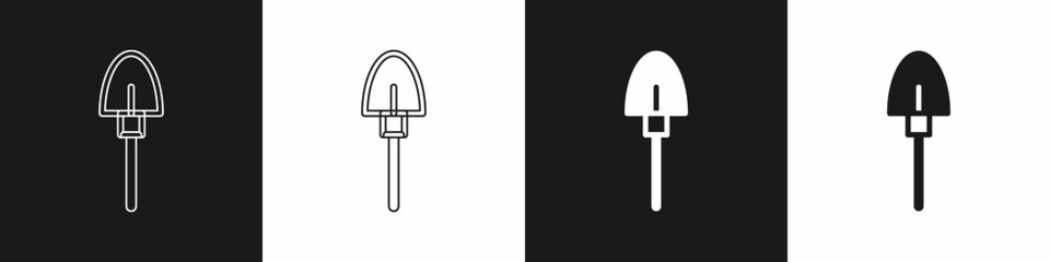 Set Shovel icon isolated on black and white background. Gardening tool. Tool for horticulture, agriculture, farming. Vector