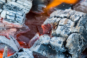 Burning charcoal and a fire in barbecue. Top front view.