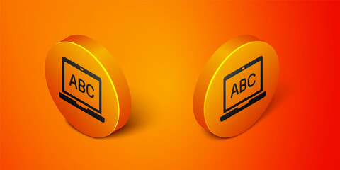 Isometric Laptop icon isolated on orange background. Computer notebook with empty screen sign. Orange circle button. Vector